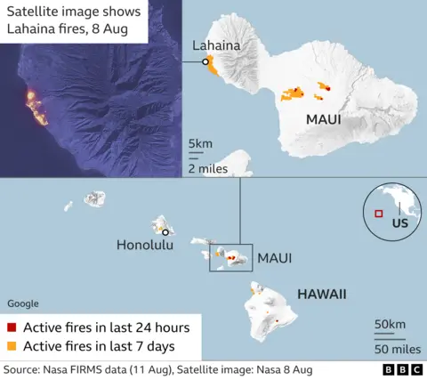 Reuters Map showing where the fires on Maui have been over the past 7 days and which have been burning in the last 24 hours