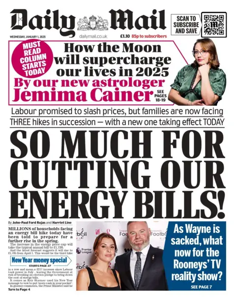 Daily Mail's splash story reads "So much for cutting our energy bills"