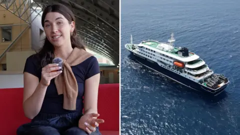 Split screen of a woman wearing a black shirt sitting on a red couch and cruise ship in the ocean