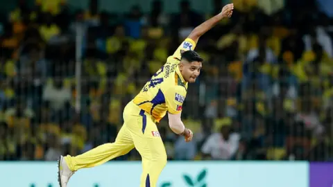 Getty Images Tushar Deshpande bowls during the IPL Qualifier match between Gujarat Titans and Chennai Super Kings on May 23 in Chennai