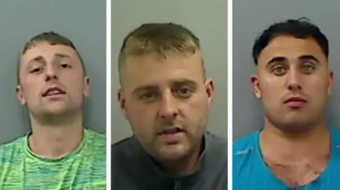 Cleveland Police Lewis Thompson who has short blonde hair and is wearing a green t-shirt is looking at the camera in a police mugshot. Shaun Thompson who has short blonde hair and is wearing a grey zipped jacket. Jack Carlsson has dark hair and is wearing a blue t-shirt.