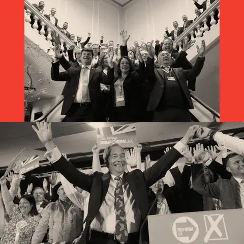  the top showing Reform Cllr Linden Kemkaran (front centre) and the bottom image showing Nigel Farage 

