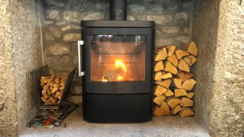 Logs burn on a wood burning stove