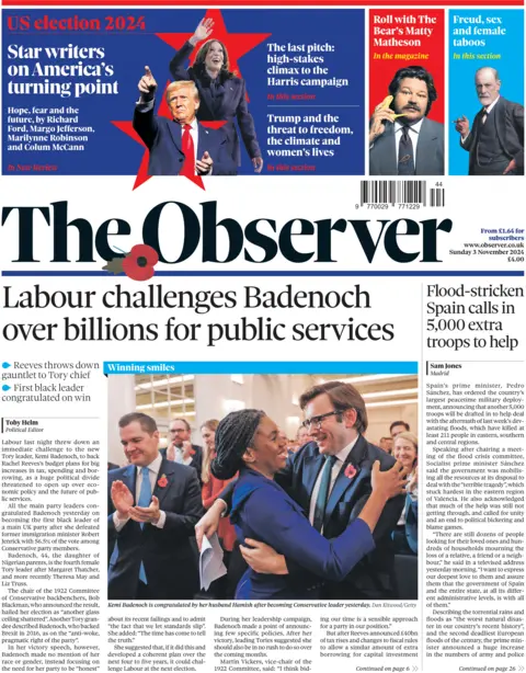 The front page of The Observer newspaper. It features a picture of Kemi Badenoch hugging her husband, as he congratulates her for becoming the leader of the Conservative party. The headline reads: 'Labour challenges Badenoch over billions for public services'.