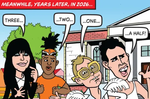 PA Media A cartoon scene set outdoors shows four illustrated versions of Claudia Winkleman, KSI, Elton John and Freddie Mercury standing in front of buildings.
Each character holds up a hand as they count down with speech bubbles reading “Three…”, “Two…”, “One…”, and “...a half!”.
Bright colours and bold outlines give the panel a lively, humorous comic‑strip style.