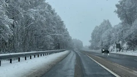 BBC Weather Watchers/Freddy A damp road with evidence of grit and snow pushed to the side. Snow covered trees stand tall on each side and one car approaches with its headlights on in the distance. It is very cloudy and grey