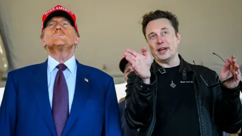 Getty Images Donald Trump, an elderly man with orange face make-up, wearing a blue suit and red hat, stands next to Elon Musk, with dark hair and wearing all black. They are photographed from a low angle in a medium-close-up. 