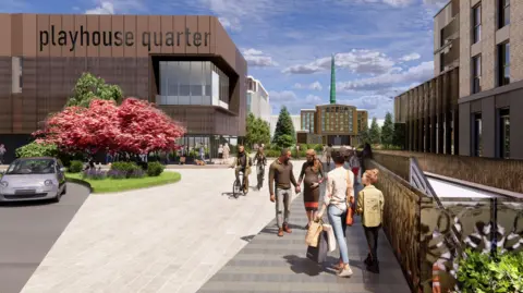 Harlow Council A CGI image of people walking around a paved town square with trees and greenery mixed in the middle. A large brown building that looks modern is to the left. To the right appears to be modern flats.