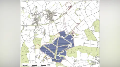 Innova/OS Maps A map of Desborough Airfield and the surrounding area showing villages and fields. The dark blue shaded area is the site of the proposed solar and energy storage development.