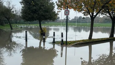 Walsall Council A flooded park on a cloudy day. There is a large area of flood-water in the foreground and a rugby pitch in the background. Black and white bollards can be seen sticking up out of the water.