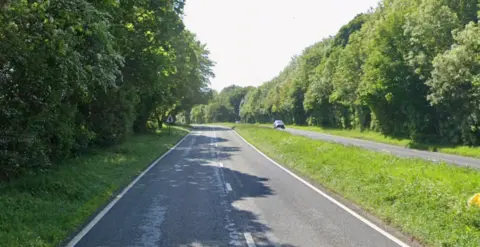 The southbound carriageway of the A31, near Froyle. It is a dual carriageway separated from the northbound section by a wide strip of grass. It is encased by bushes and trees on either side.