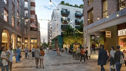 A computer generated image of a new development with flats, shops and a paved street. People are walking along the paved street.