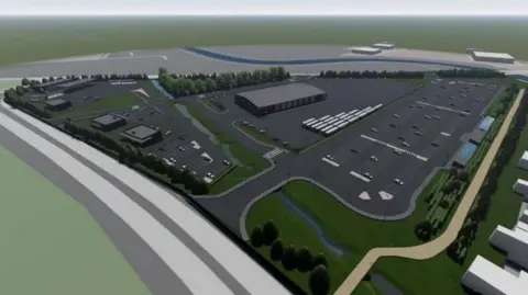 An artist impression of a proposed park-and-ride site near Hull. The computer-generated image shows a large grey coloured car park and several industrial-style buildings.