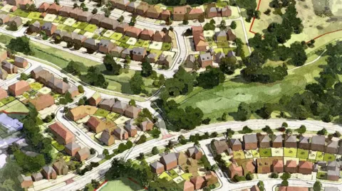 An artist's impression of what the housing estate might look like. Rows of houses weave through the fields, with trees interspersed.