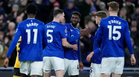 PA Media Everton's Michael Keane celebrates scoring their side's first goal of the game during the Premier League match at the Hill Dickinson Stadium, Liverpool. Picture date: Wednesday January 7, 2026.