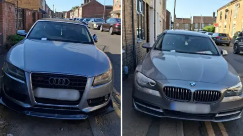Two images side-by-side of cars parked on double yellow lines. On the left is a silver Audi and on the right is a silver BMW.