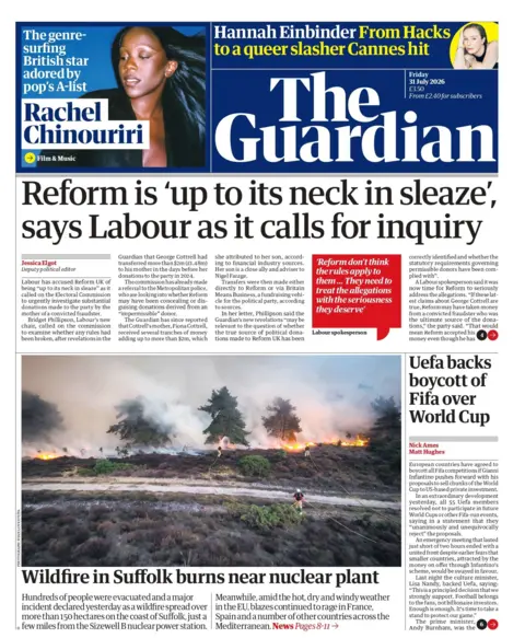 "Wildfire in Suffolk burns near nuclear plant," reads the headline on the front page of the Guardian.