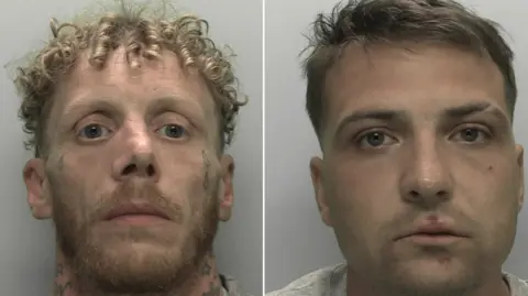 Mugshots of Matthew Cunningham and Nikita Trembath. Cunningham has blond corkscrew curls, ginger beard and moustache and tattoos on his neck. Trembath has short brown hair, a razored eyebrow, is unshaven and has abrasions on his lip and chin. 