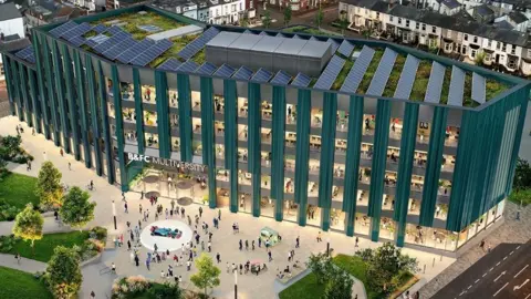 Ariel artist impression of the multiversity. A large green and glass five-storey building with solar panel on the flat roof, in front of a flagged plaza with trees and students milling about