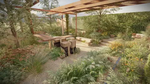 Chelsea Flower Show The green garden which has seating and water features