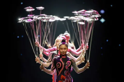 AFP Acrobats spinning plates connected  poles