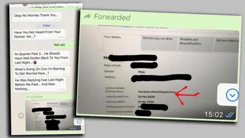 A screenshot of a WhatsApp conversation and a fraudulent mock-up of the DVLA webpage