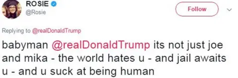 @Rosie US comedian Rosie O'Donnell tweets: "babyman @realDonaldTrump its not just joe and mika - the world hates u - and jail awaits u - and u suck at being human".