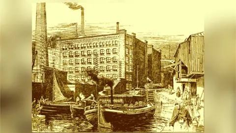 Getty Images A drawing of a large factory building with a turret of smoke at the top. In the foreground are boats on a canal. 