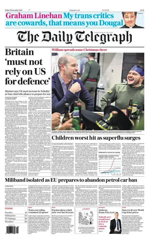 The headline on the front page of the Telegraph reads: “Britain 'must not rely on US for defence".