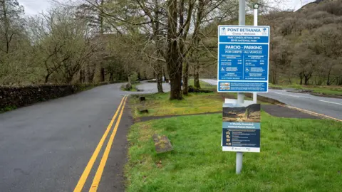A car park is pictured with road markings, trees and grass by it. A sign listing the parking rules and fees is on a pole.
