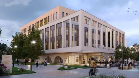 A CGI of how the DigECare Hub would have looked. It is a square, lightly coloured building with many windows. There are trees and strips of grass outside.
