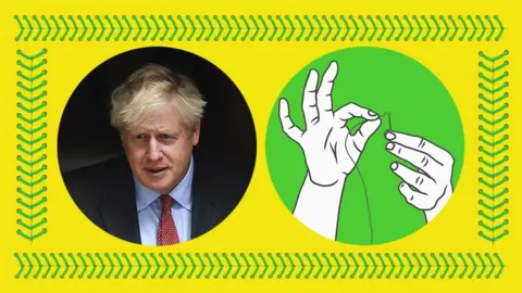 Getty Images Boris Johnson and a hand stitching illustration