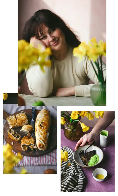 A portrait picture of Annie Mae Herring and two pictures of food - Staffordshire Clanger and Chocolate concrete