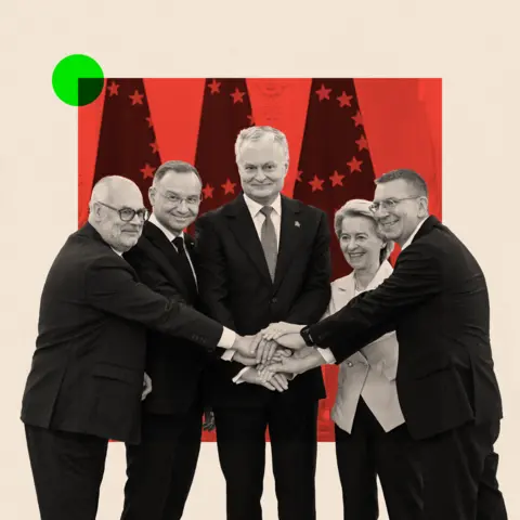 BBC A treated image of President of Poland Andrzej Duda, President of Lithuania Gitanas Nauseda, President of the European Commission Ursula von der Leyen, President of Estonia Alar Karis, and President of Latvia Edgars Rinkevics pose with their hands together 