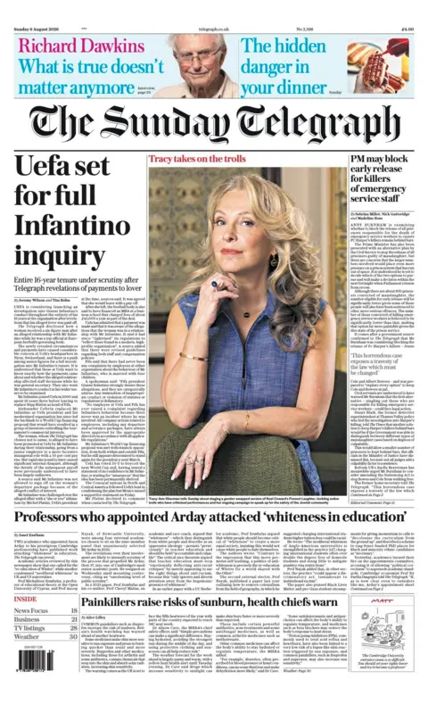 The headline on the front page of the Sunday Telegraph reads: “Uefa set for full Infantino inquiry”.