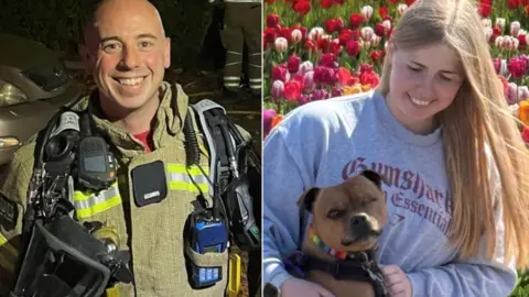 A composite of Martyn Sadler, wearing fire uniform and smiling, and Jennie Logan, wearing a grey jumper and cuddling a brown dog in front of a field of tulips