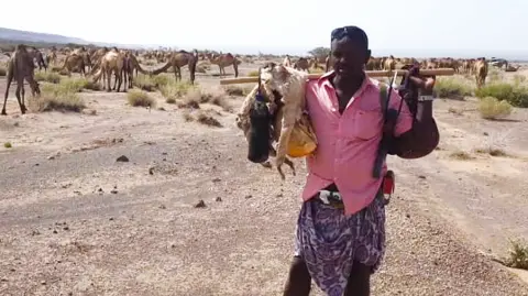 Ali Umer Herder Ali Umer, in a pink shirt and purple patterned sarong, holds a stick over his shoulders. Behind him can be seen his camels in the Afar region of north-eastern Ethiopia