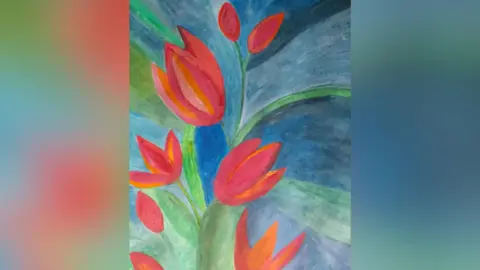 Cathy Kenyon Painting of red and orange tulips on a blue and green background, painted by Cathy Kenyon.