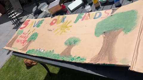 Stacy Clark A large rectangle piece of cardboard has got painted trees, fields and a bright yellow sun with the words Save our Fields