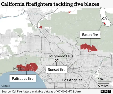 A BBC map plots the locations of five fires in Los Angeles - the Sunset, Hurst and Lidia fires, and the largest two, the Palisades and Eaton fires. Prominent locations including the Hollywood Hill are marked nearby