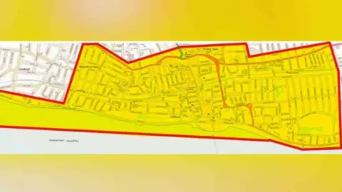 Essex Police A section of a map of Southend-on-Sea with a red border drawn around it to show which part of the city the dispersal order covers. The impacted area is highlighted yellow. 