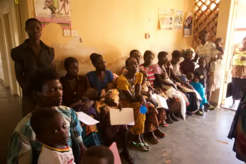 Queue of parents with children at Kitgum Hospital in northern Uganda