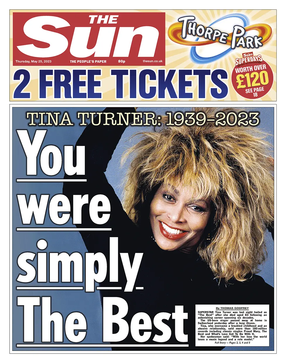 The headline in the Sun reads: "Tina Turner: You were simply The Best"