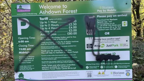 Ashdown Forest Dog Walkers Vandalised car park sign