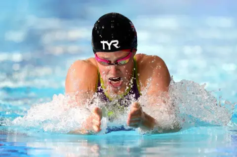 Getty Images Hannah Miley competing for Great Britain in the women's 400m individual medley preliminary round at the 2018 European Championships in Glasgow