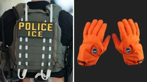 Split screen. Left, ICE. Right, electric gloves that ICE is going to use.