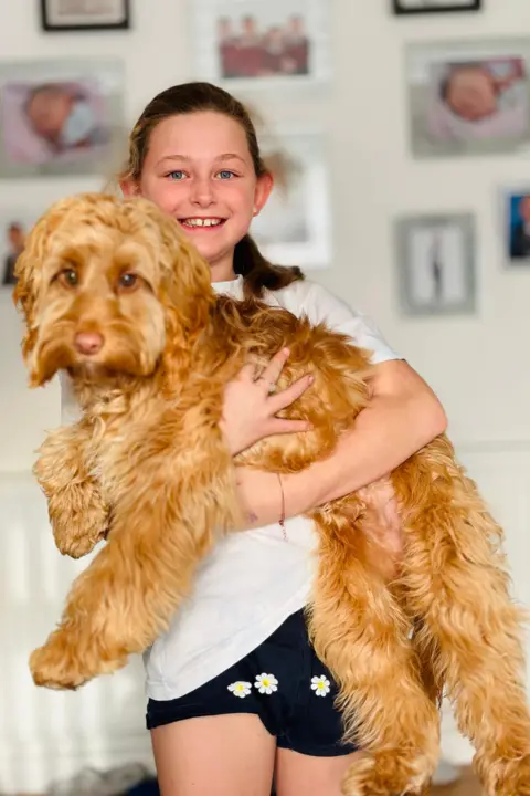Amanda Axiak A young girl with tied-back brown hair, wearing a white t shirt and black shorts with daisies on them. She is holding a large, fluffy golden dog and is smiling and looking at the camera. Behind her is a white wall filled with hanging photo frames of family pictures.