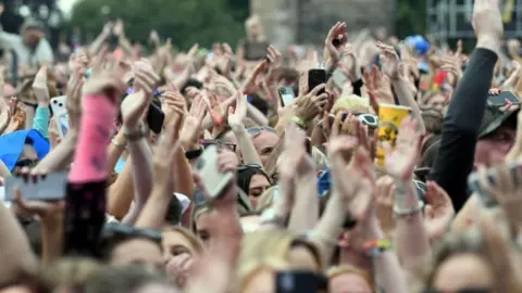 crowd with hands in the air at festival