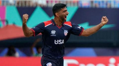 USA bowler Saurabh Netravalkar celebrating a wicket
