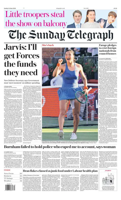 The headline on the front page of the Sunday Telegraph reads: "Jarvis: I'll get Forces the funds they need."